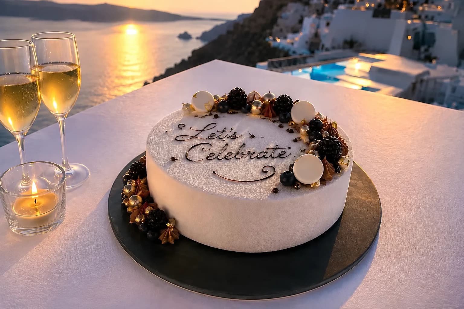 A celebration cake and champagne at sunset on the rooftop, above the caldera.