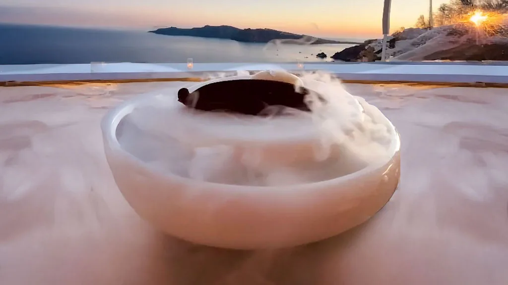 A signature cocktail served in a stone bowl, smoke spilling over its rim above the caldera.